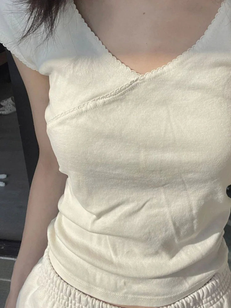 Slim T-shirt Summer V Neck Cotton Top Femme Sweet Y2k Simple Tee Tops Woman Clothes