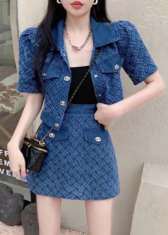 Vogue Blue Peter Pan Collar Print Coats and Shorts Two Pieces Set Summer Ty1089