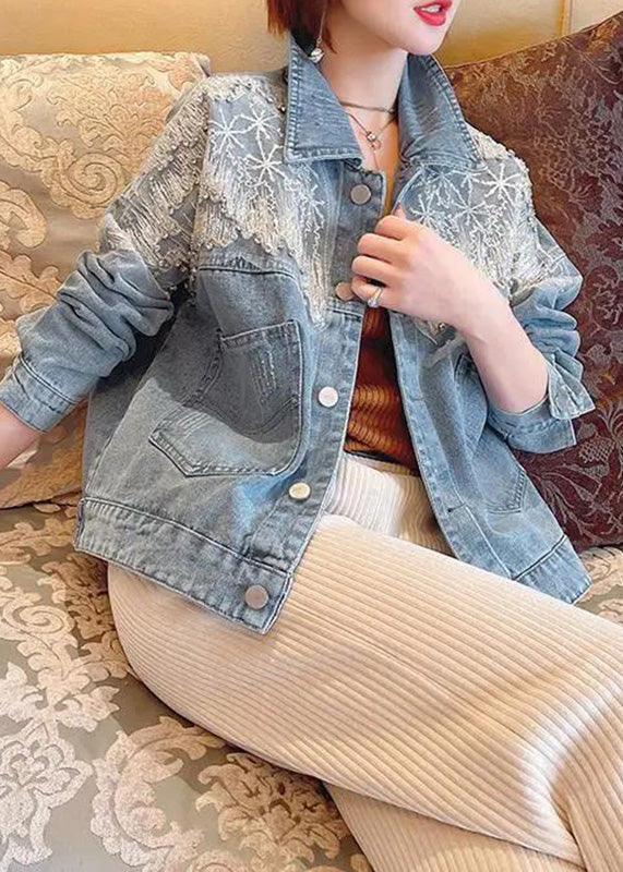 Vogue Blue Peter Pan Collar Tulle Patchwork Sequins Button Denim Coats Fall Ty1034