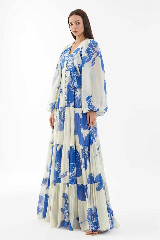 Print Long Sleeve V-neck Maxi Dress