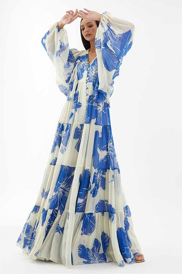 Print Long Sleeve V-neck Maxi Dress
