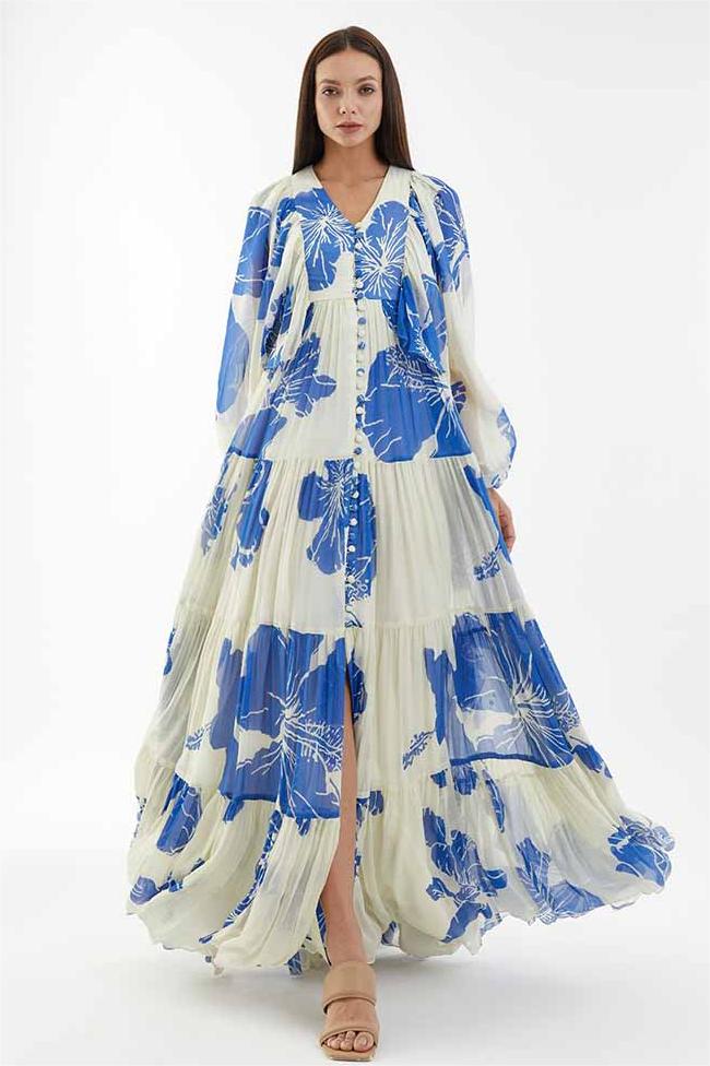 Print Long Sleeve V-neck Maxi Dress
