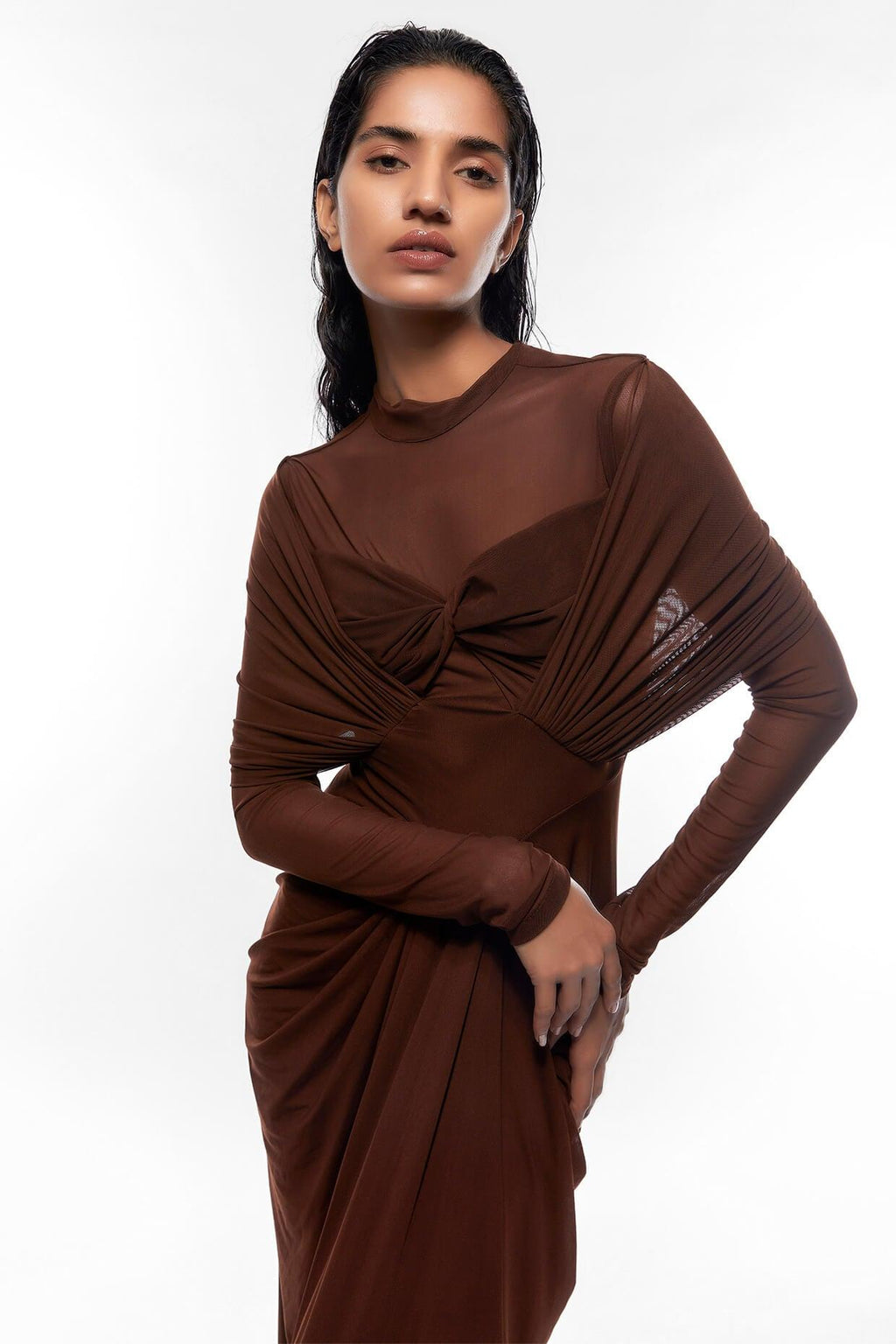 Jersey Ruched Long Sleeve Maxi Dress