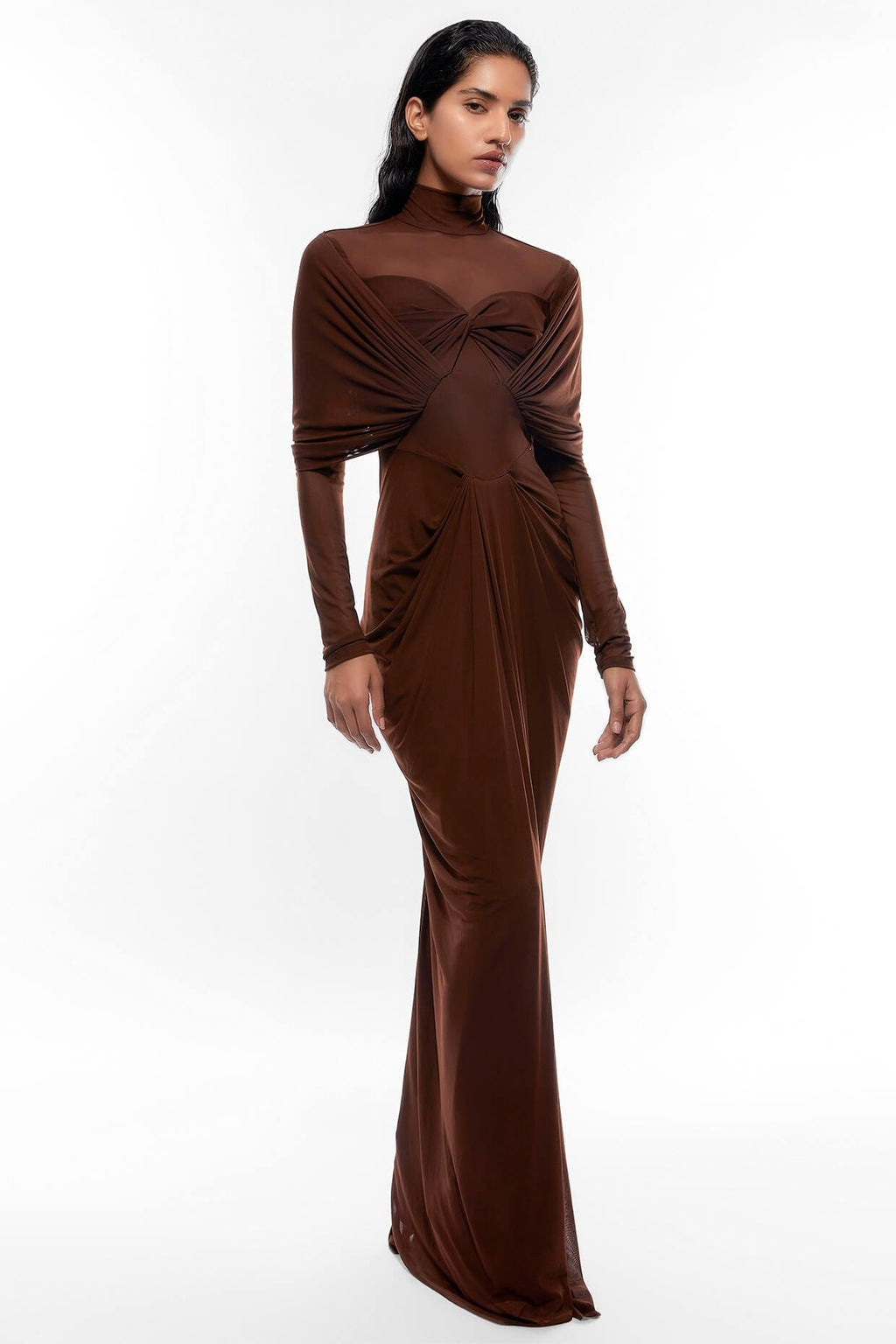 Jersey Ruched Long Sleeve Maxi Dress