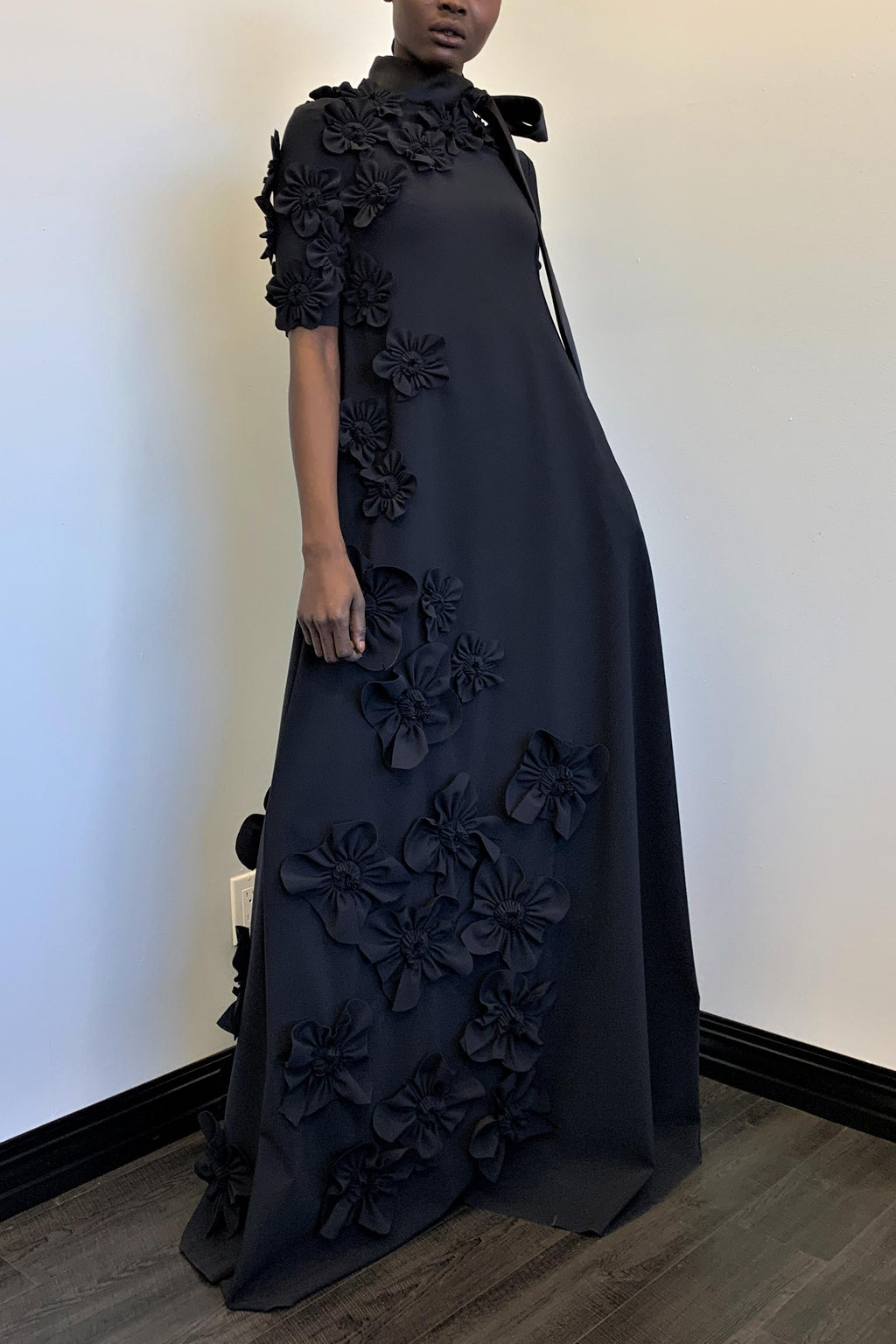 3d Flower Lace Up Mid Sleeve Maxi Dress