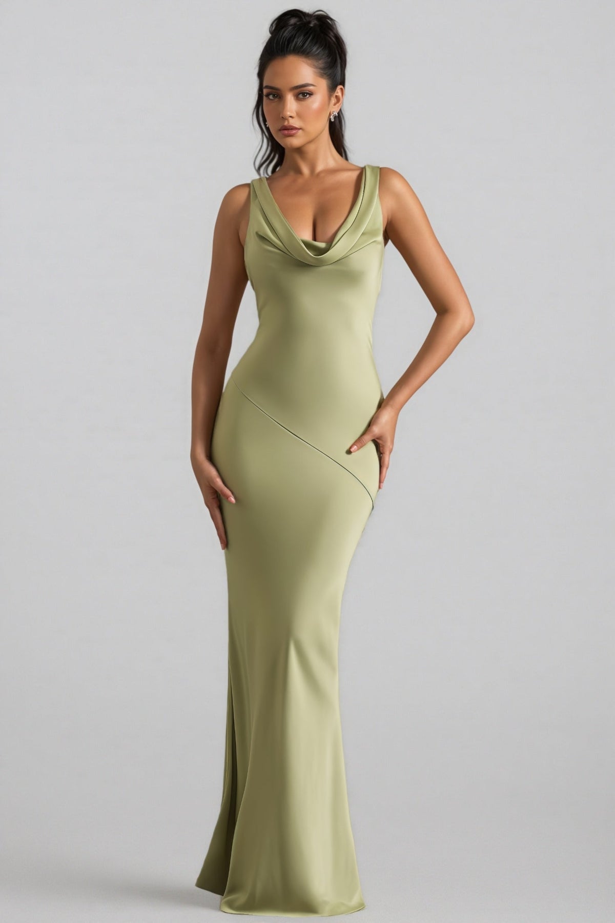 Kovty Light Olive Satin Cowl-neck Maxi Dress