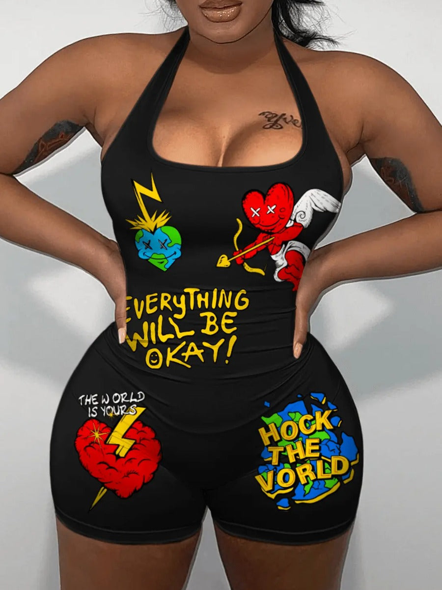 Cartoon Letter Print Cami Romper Ar502