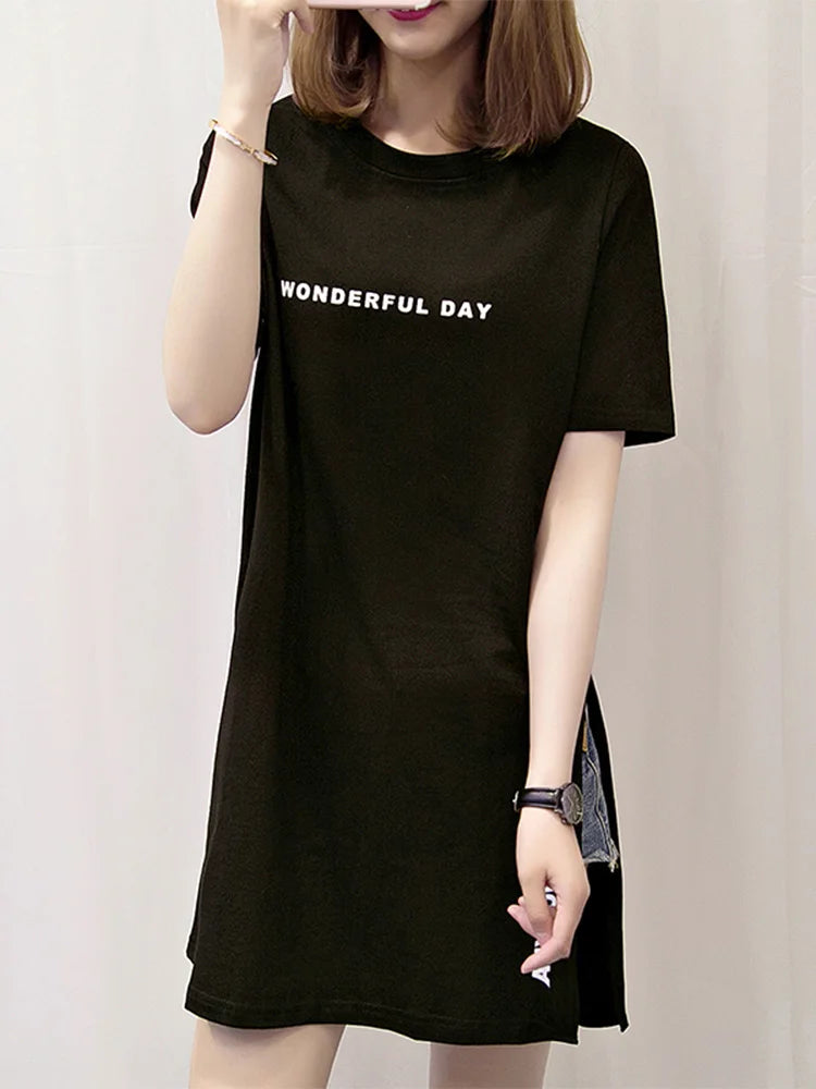 Wonderful Day Print Long T Shirts Summer Loose Slit Femme Tops Cotton Tshirt Short Sleeve T-shirt