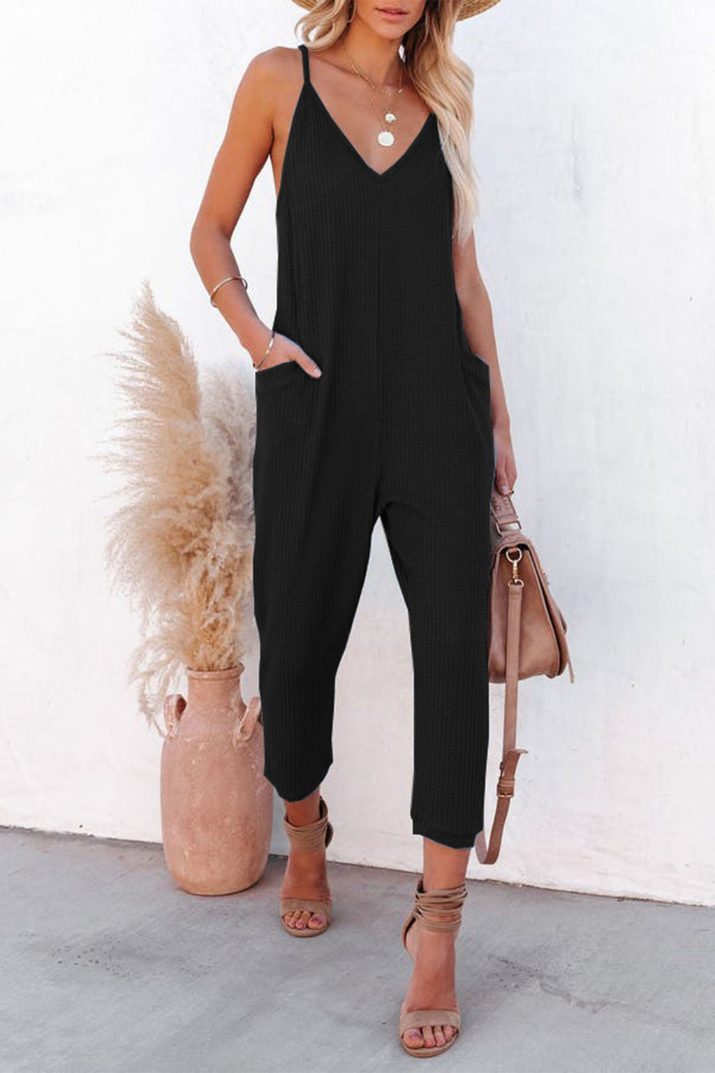 Waffle V Neck Spaghetti Straps Jumpsuits
