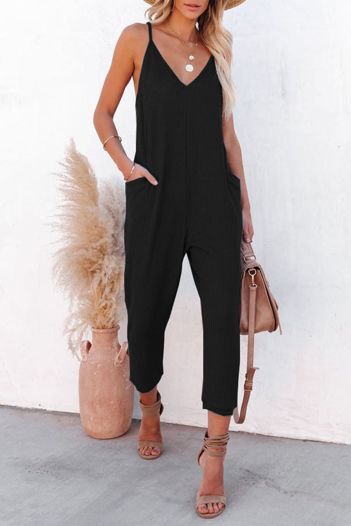 Waffle V Neck Spaghetti Straps Jumpsuits