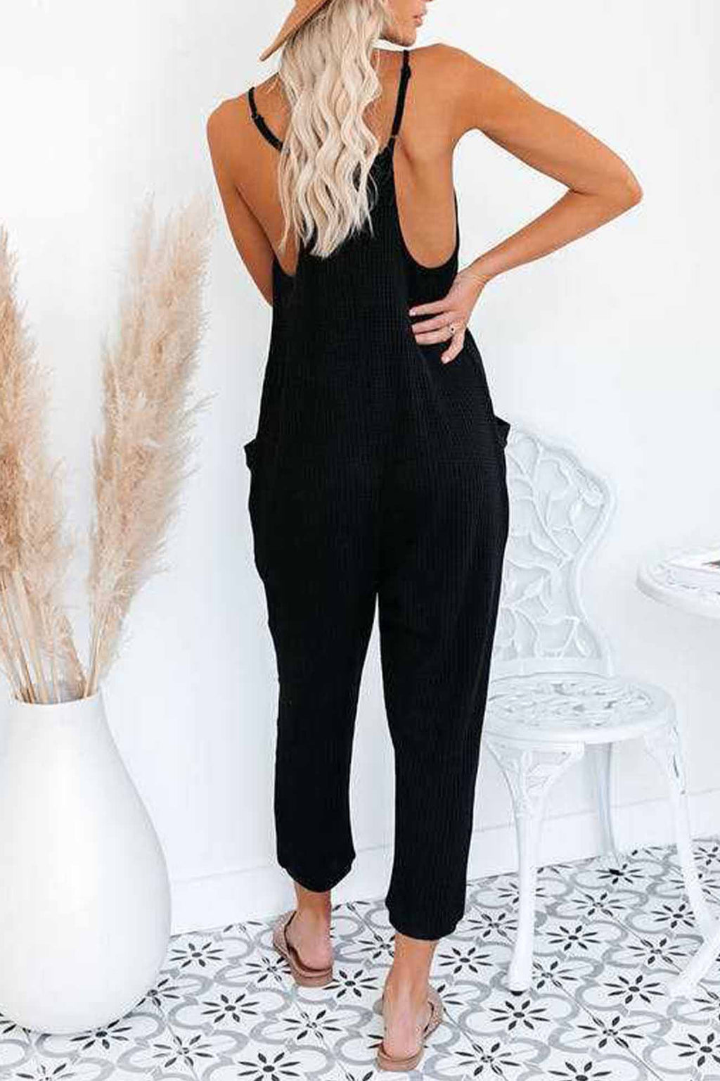 Waffle V Neck Spaghetti Straps Jumpsuits