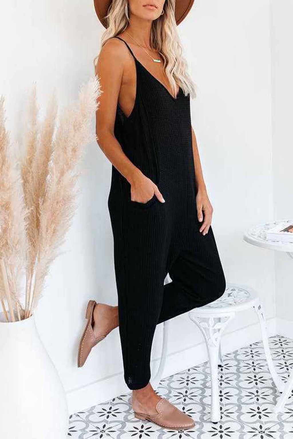 Waffle V Neck Spaghetti Straps Jumpsuits
