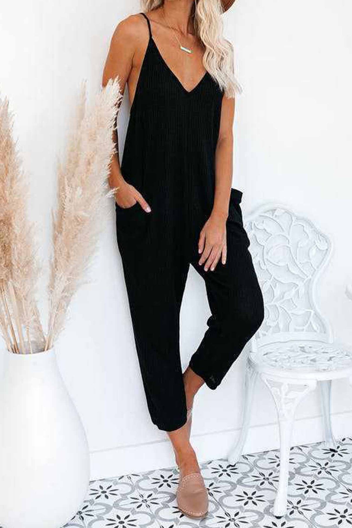 Waffle V Neck Spaghetti Straps Jumpsuits