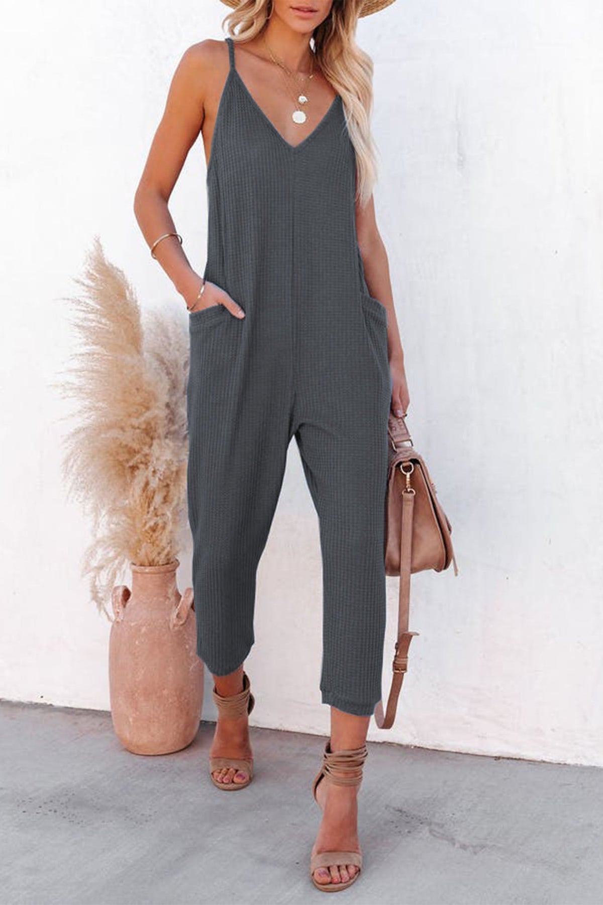 Waffle V Neck Spaghetti Straps Jumpsuits