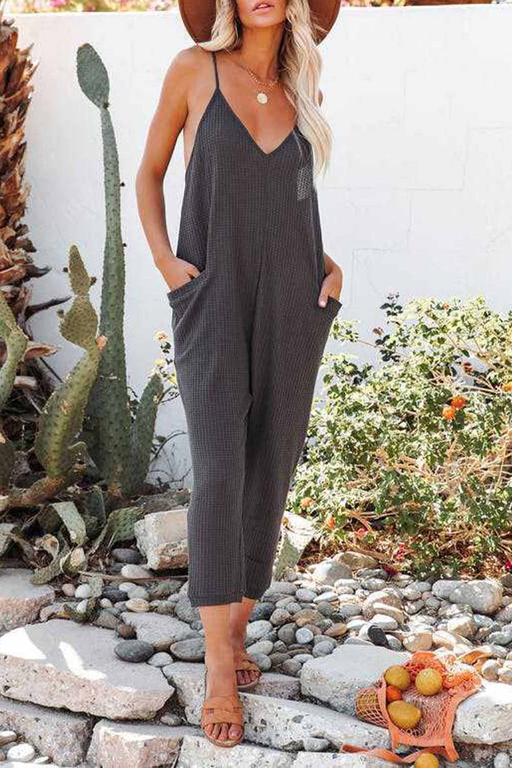 Waffle V Neck Spaghetti Straps Jumpsuits