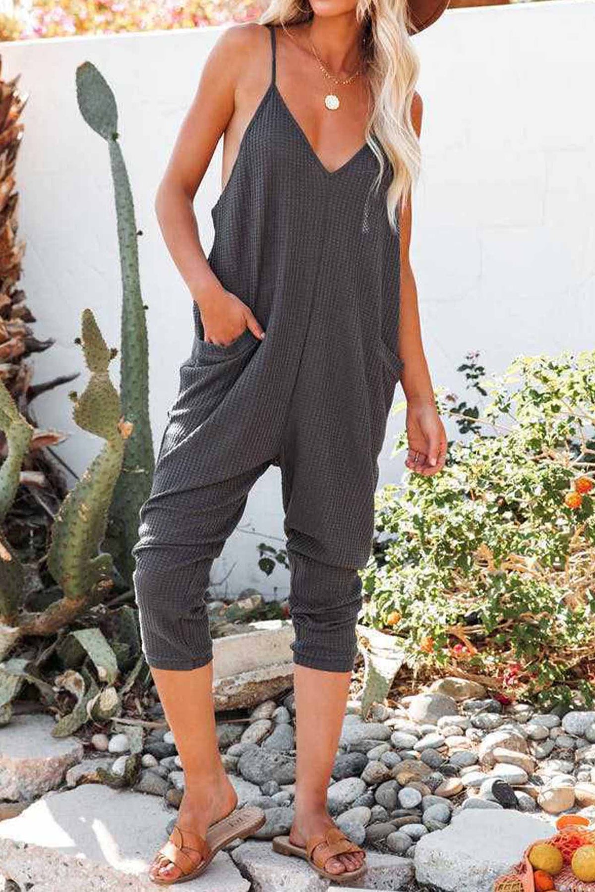 Waffle V Neck Spaghetti Straps Jumpsuits