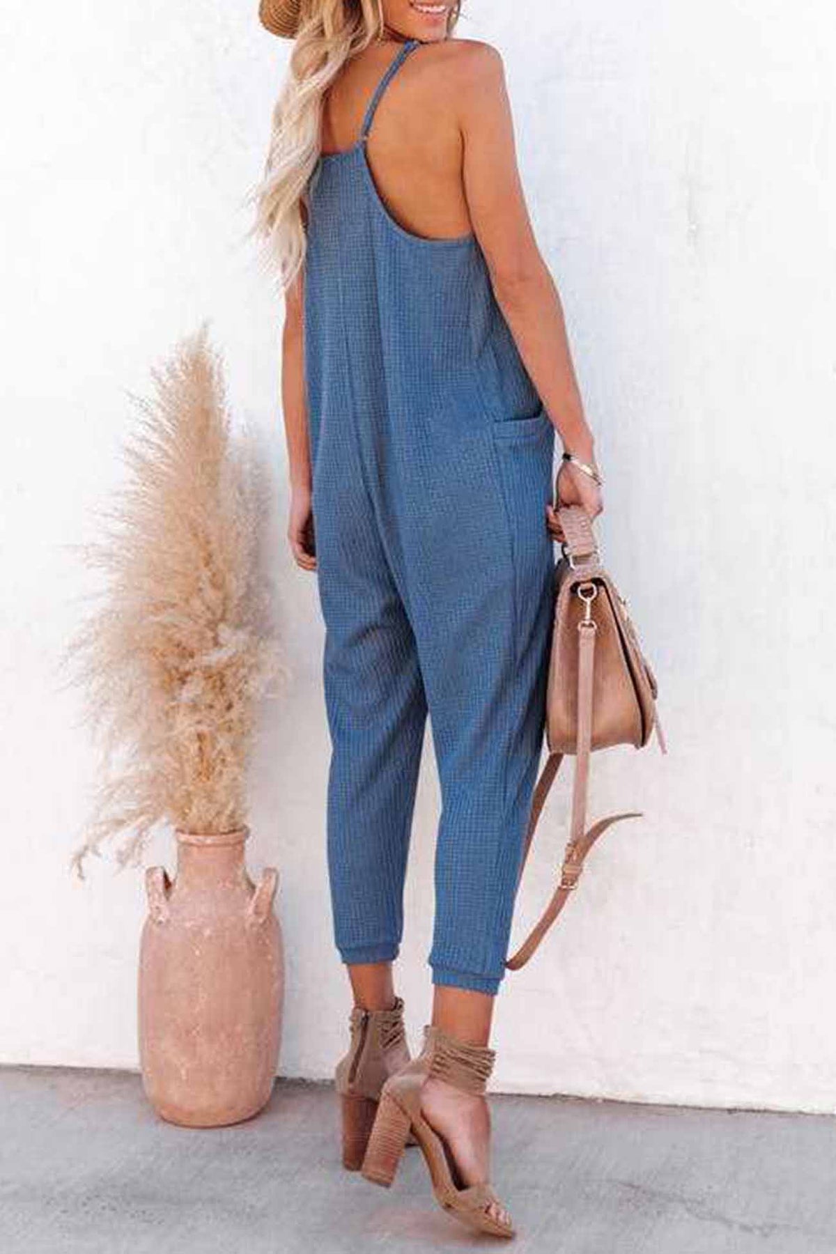 Waffle V Neck Spaghetti Straps Jumpsuits