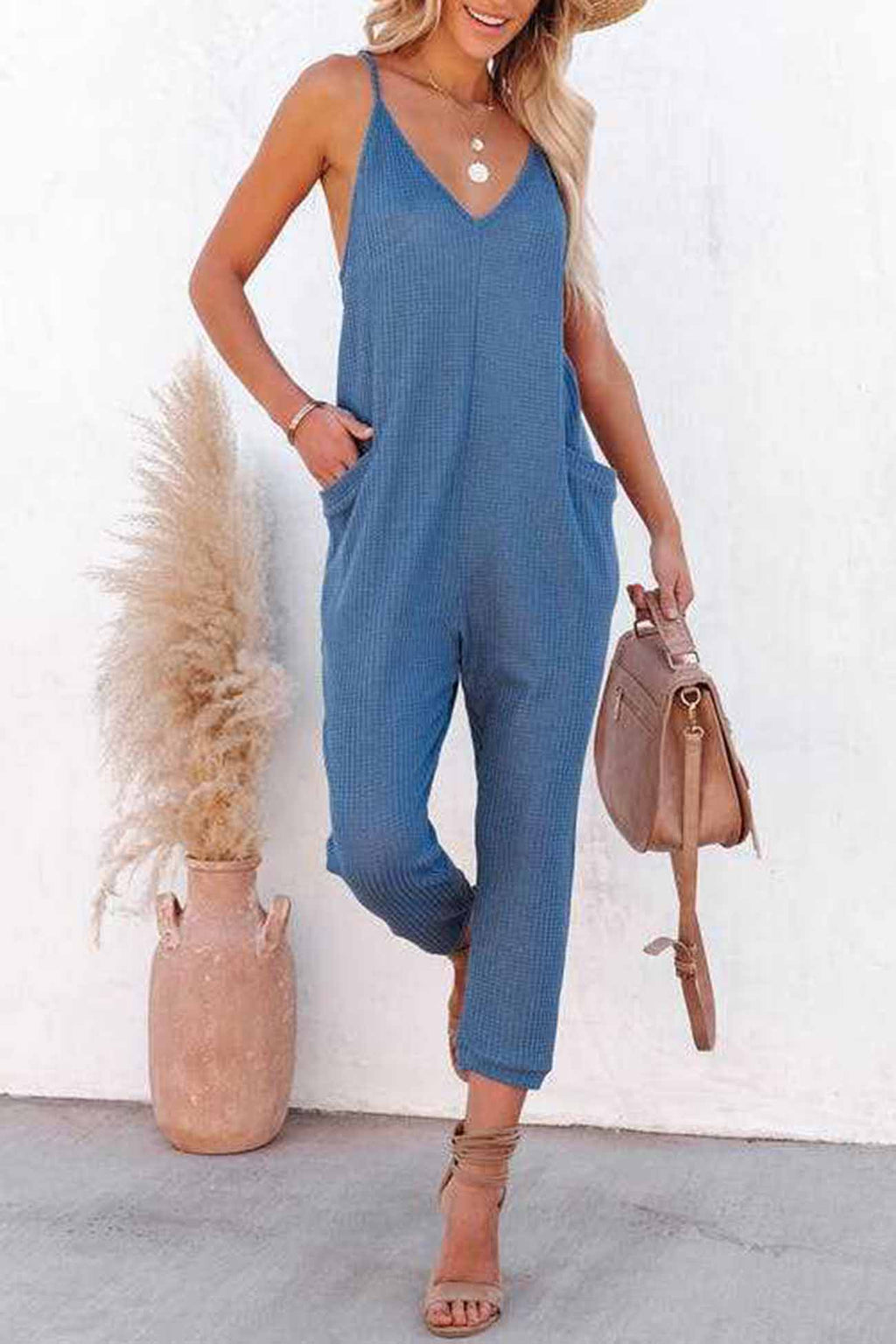 Waffle V Neck Spaghetti Straps Jumpsuits