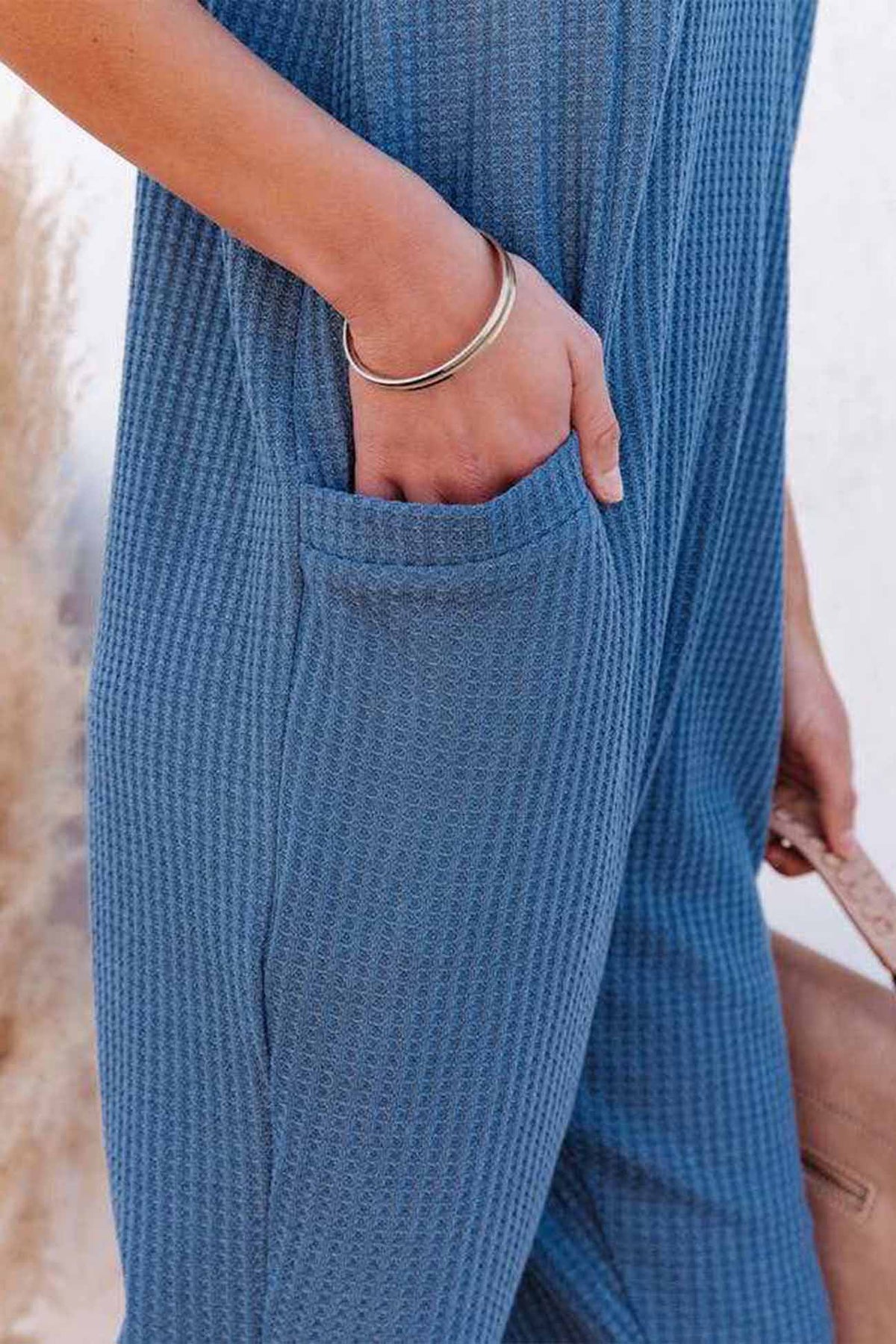 Waffle V Neck Spaghetti Straps Jumpsuits