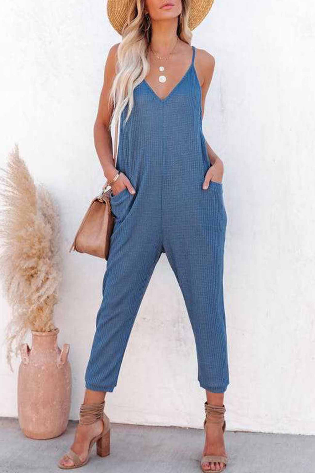 Waffle V Neck Spaghetti Straps Jumpsuits
