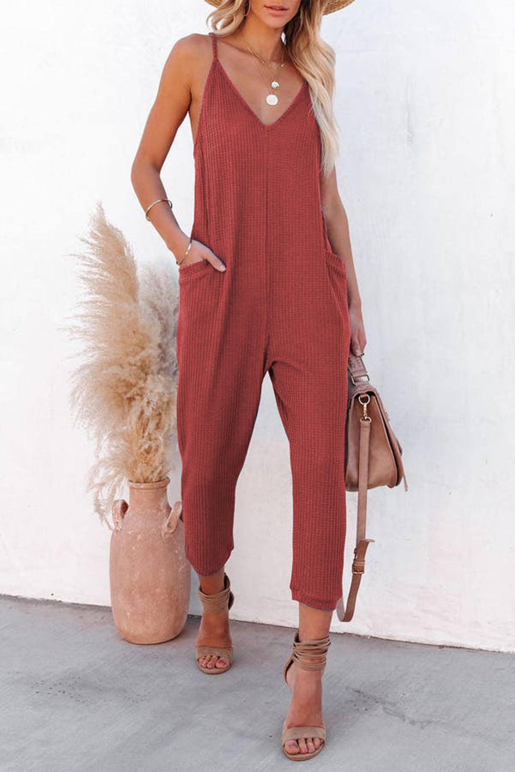 Waffle V Neck Spaghetti Straps Jumpsuits