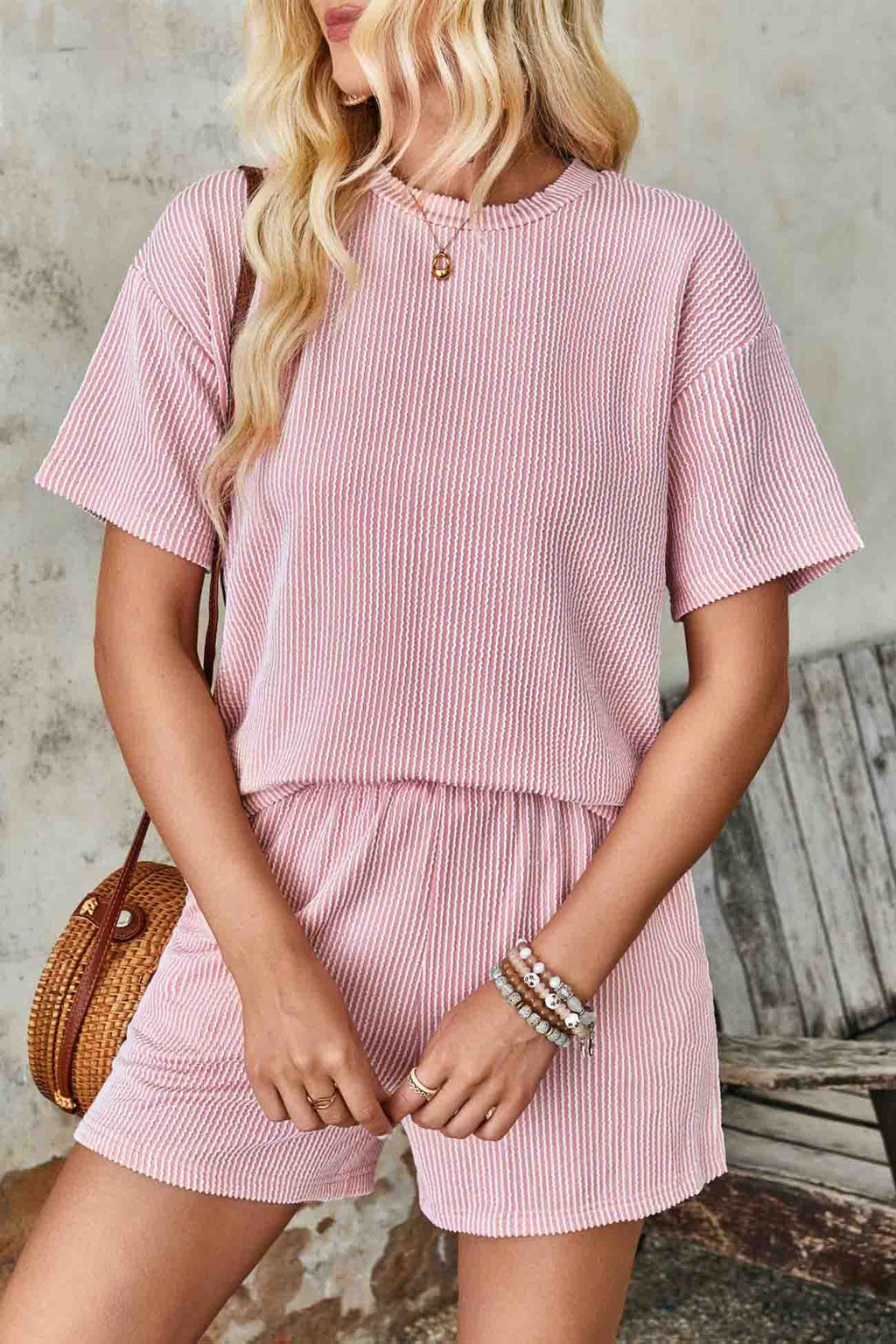 Wavy Stripe Short Sleeve Shorts Two-piece Set