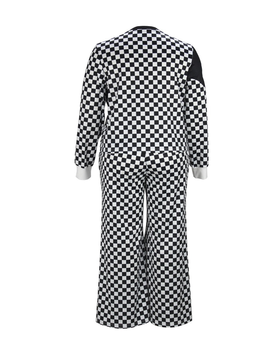 Figure Plaid Print Wide Leg Pants Set At9030