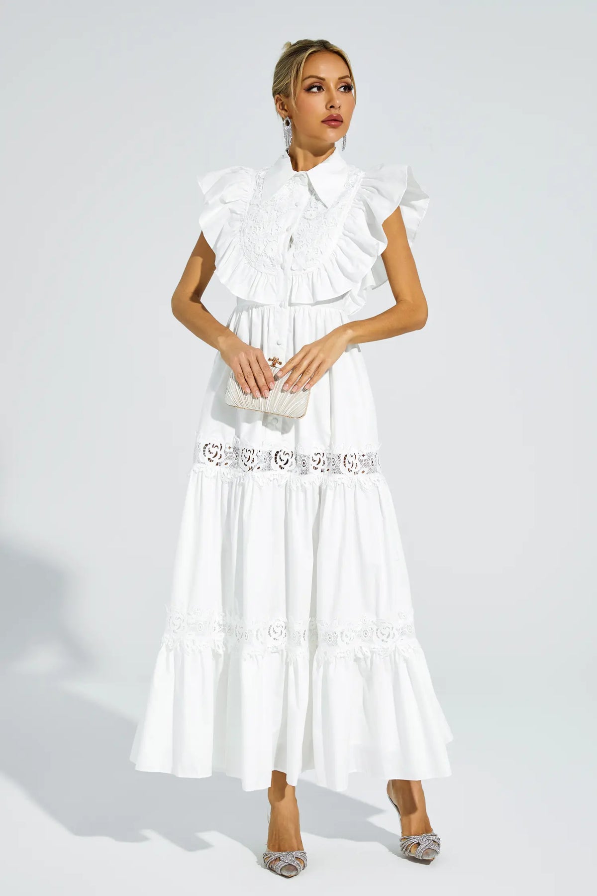 Wesley White Sleeveless Ruffle Midi Dress