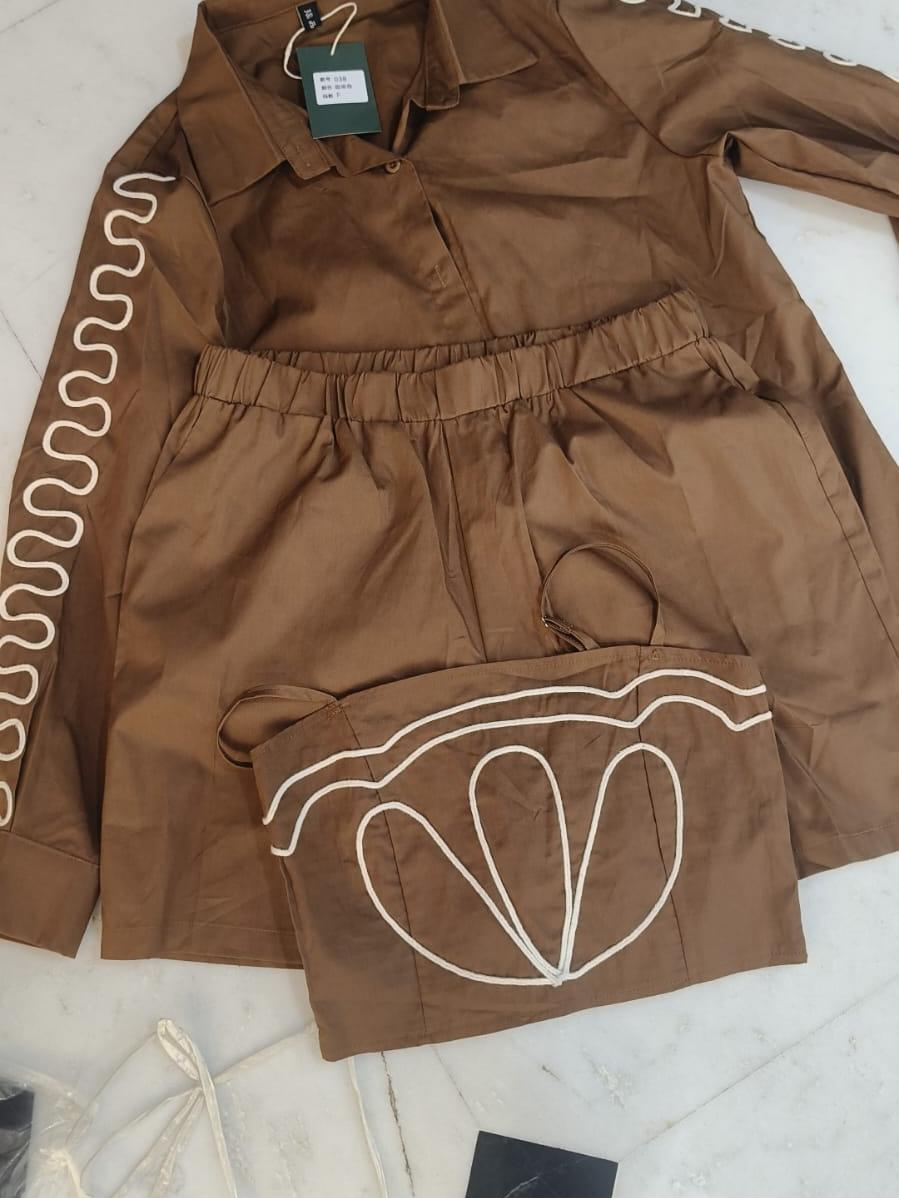 Embroidered Shirt With Spaghetti Top & Shorts Coord Set