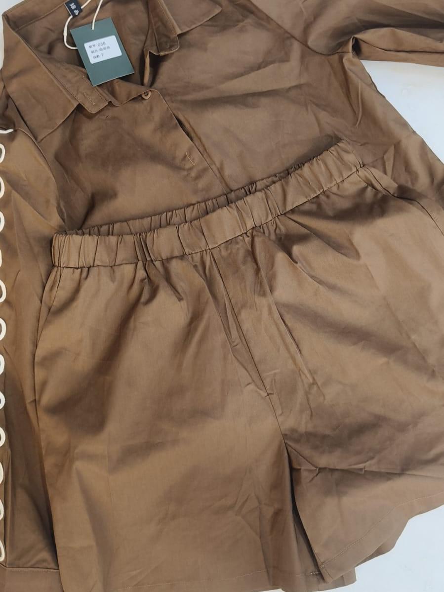 Embroidered Shirt With Spaghetti Top & Shorts Coord Set