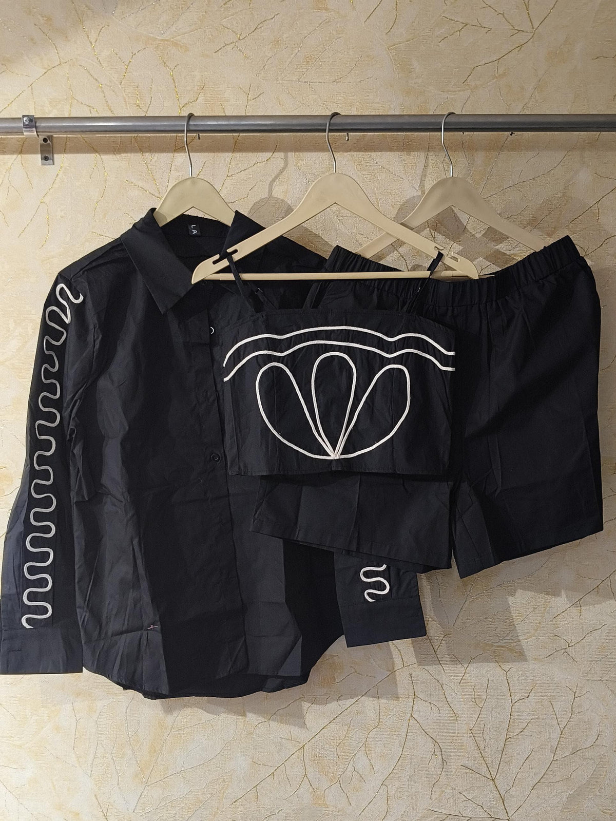 Embroidered Shirt With Spaghetti Top & Shorts Coord Set