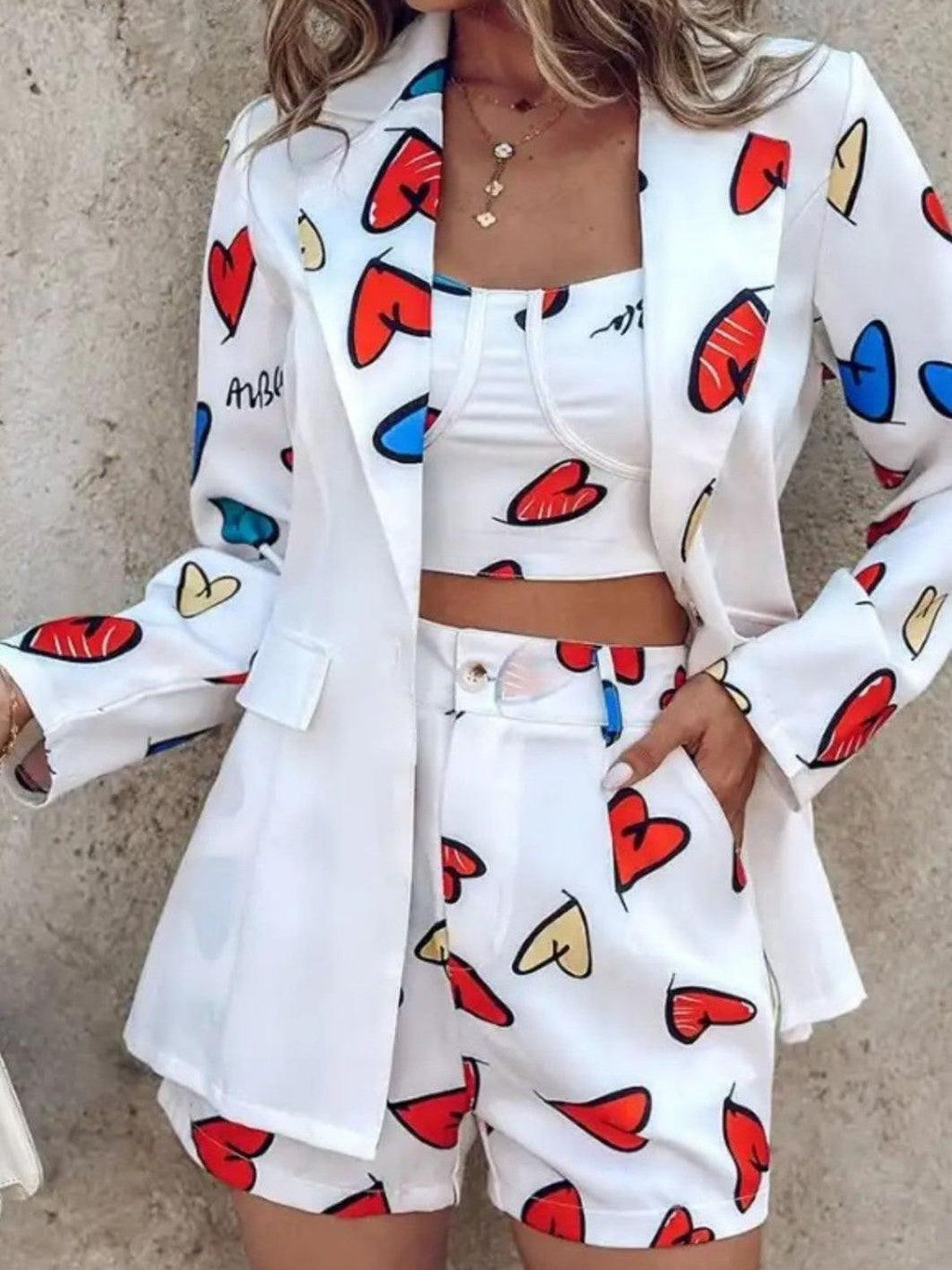 Heart Print Cami Top & Shorts With Long Blazer 3 Piece Coord Set