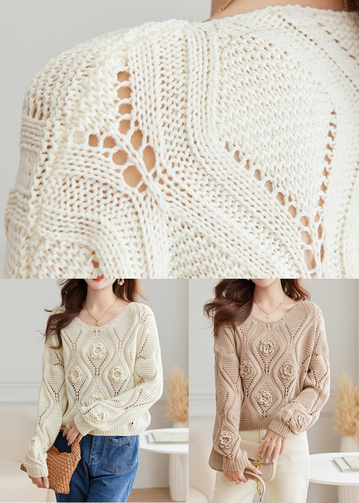 Light Camel O Neck Hollow Out Knit Sweaters Fall Qs027