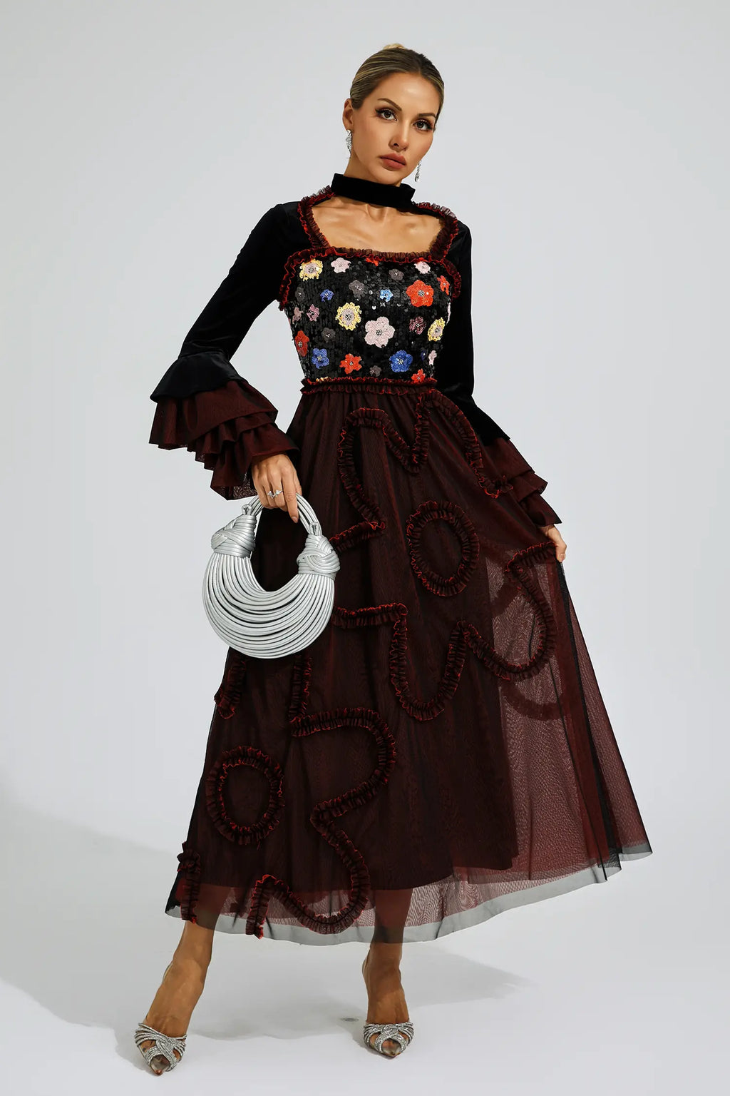 Whitehead Red Mesh Sequins Midi Dress