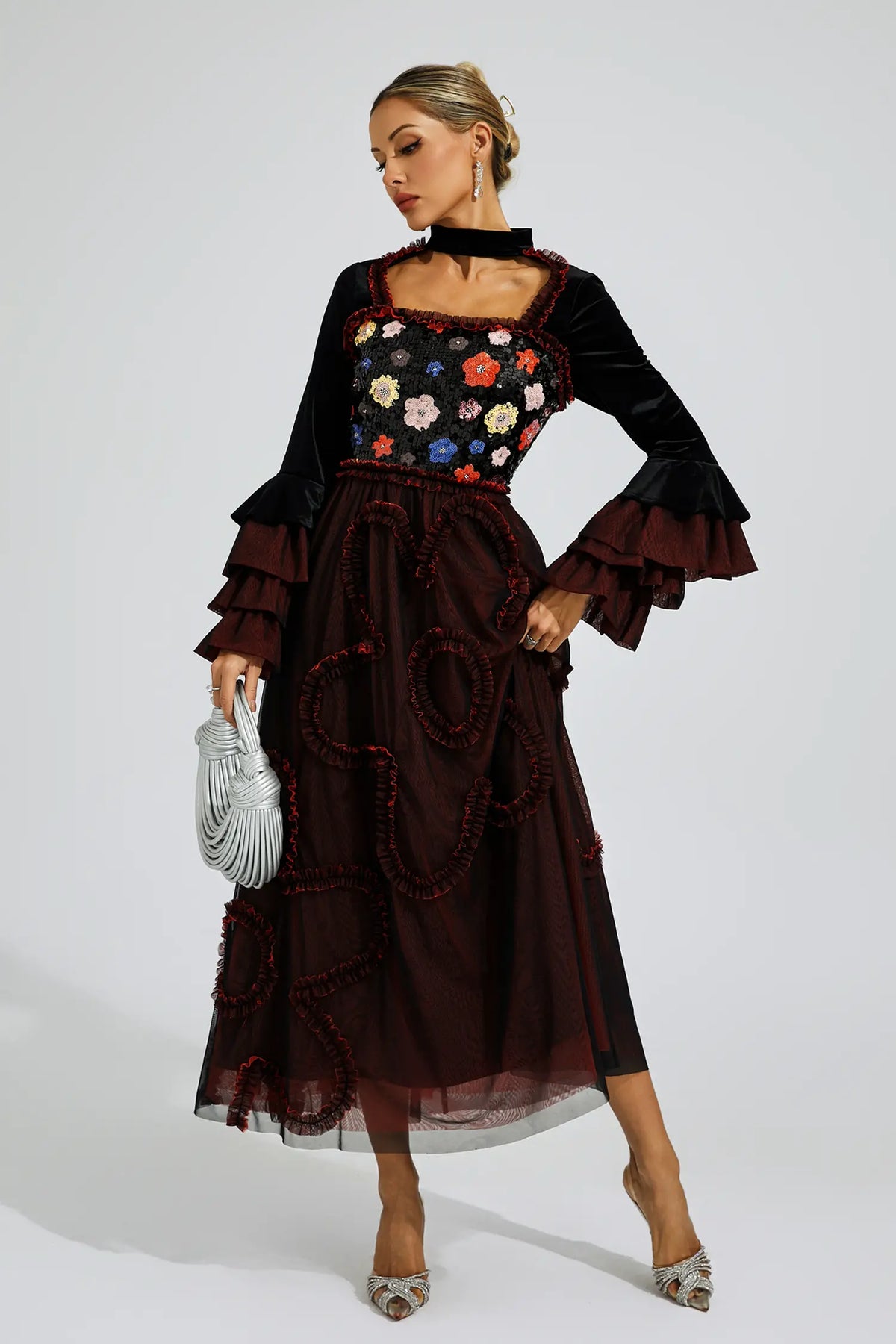 Whitehead Red Mesh Sequins Midi Dress