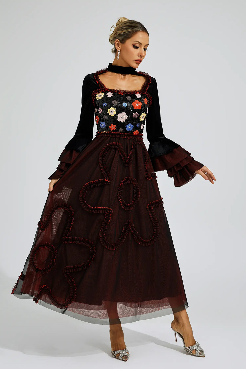 Whitehead Red Mesh Sequins Midi Dress
