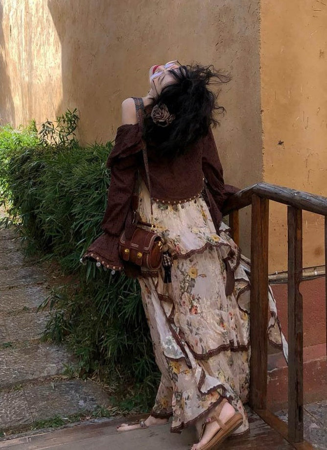 Wild Rose Set Asymmetrical Cotton-rayon Maxi Skirt + Flowy Cardigan Style
