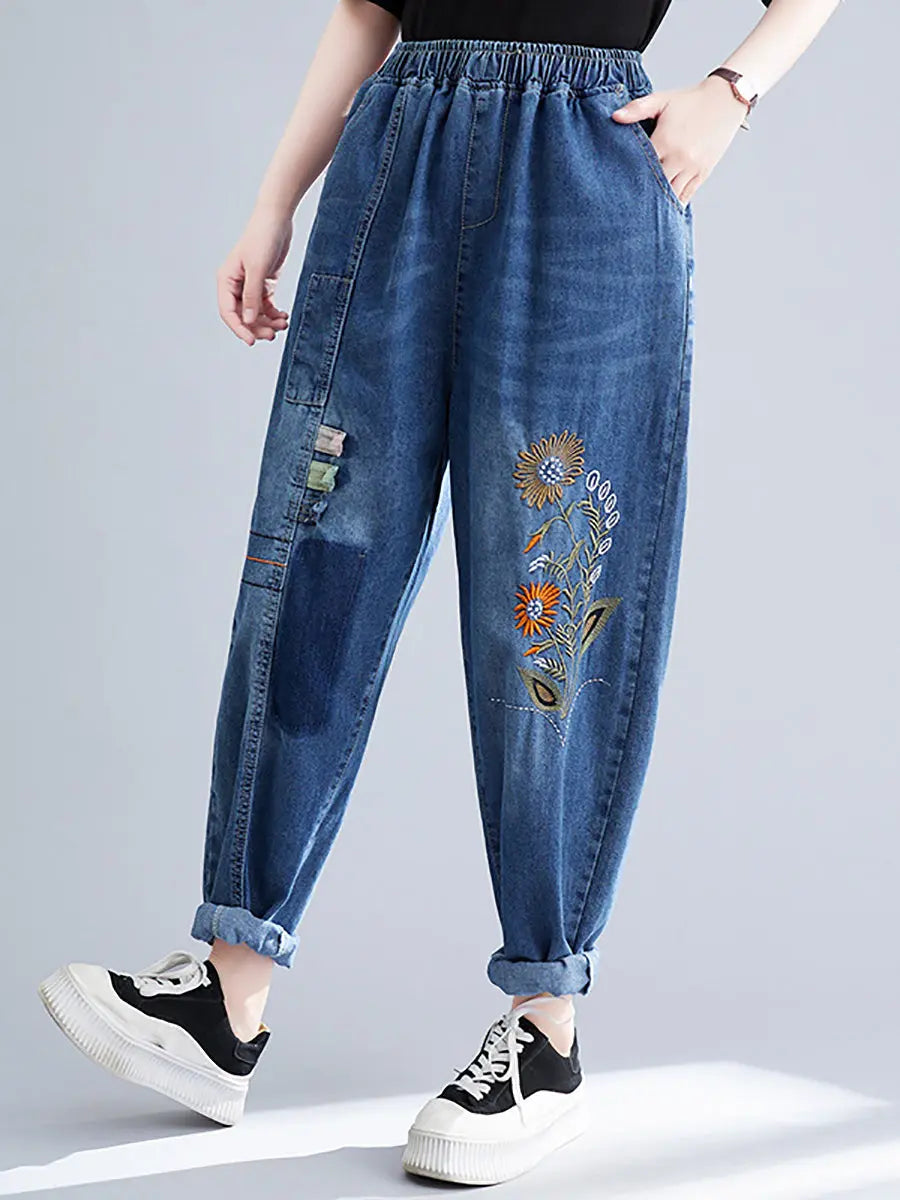 Embroidery Denim Harem Pants