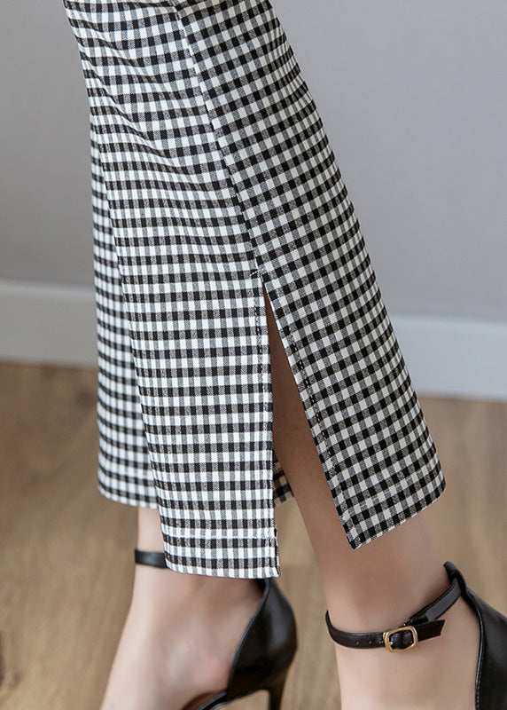 Black White Plaid High Waist Side Open Button Crop Pants Spring Ly0169