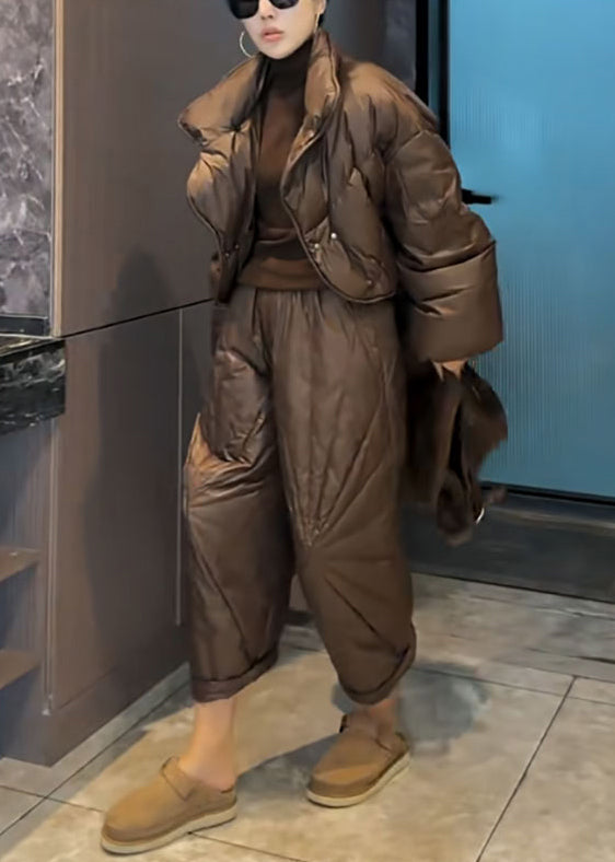 Coffee Button Coat and Crop Pants Cotton Filled Two Pieces Set Spring Yw027