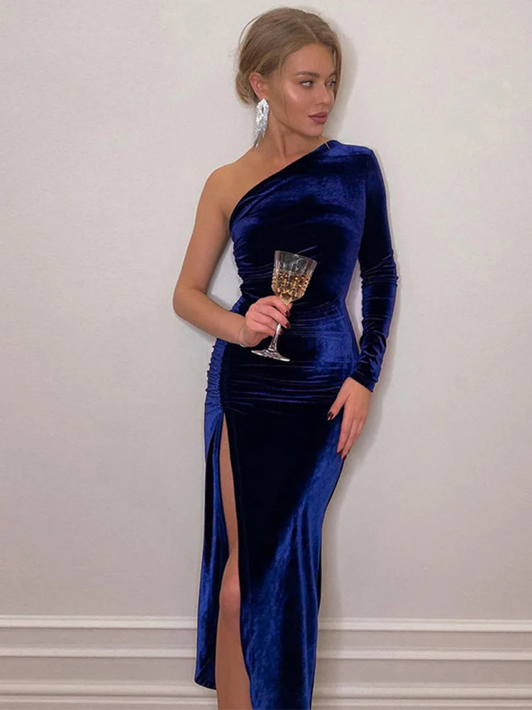 Long Sleeve Party Evening Velvet Bodycon Split Pencil Midi Dress Spring Autumn Clothes