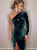 Long Sleeve Party Evening Velvet Bodycon Split Pencil Midi Dress Spring Autumn Clothes