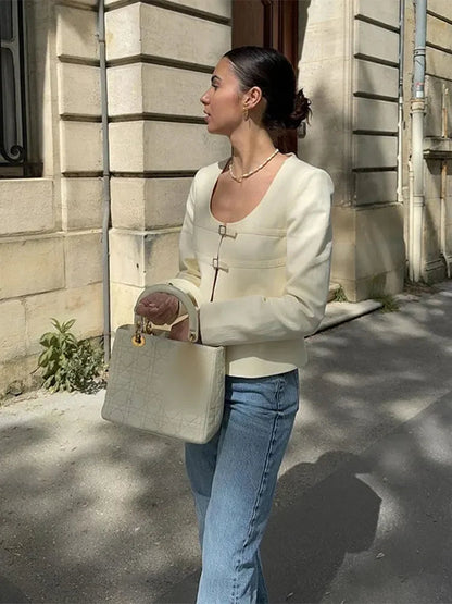 Single-breasted Short U-neck Long Sleeve Slim Coat