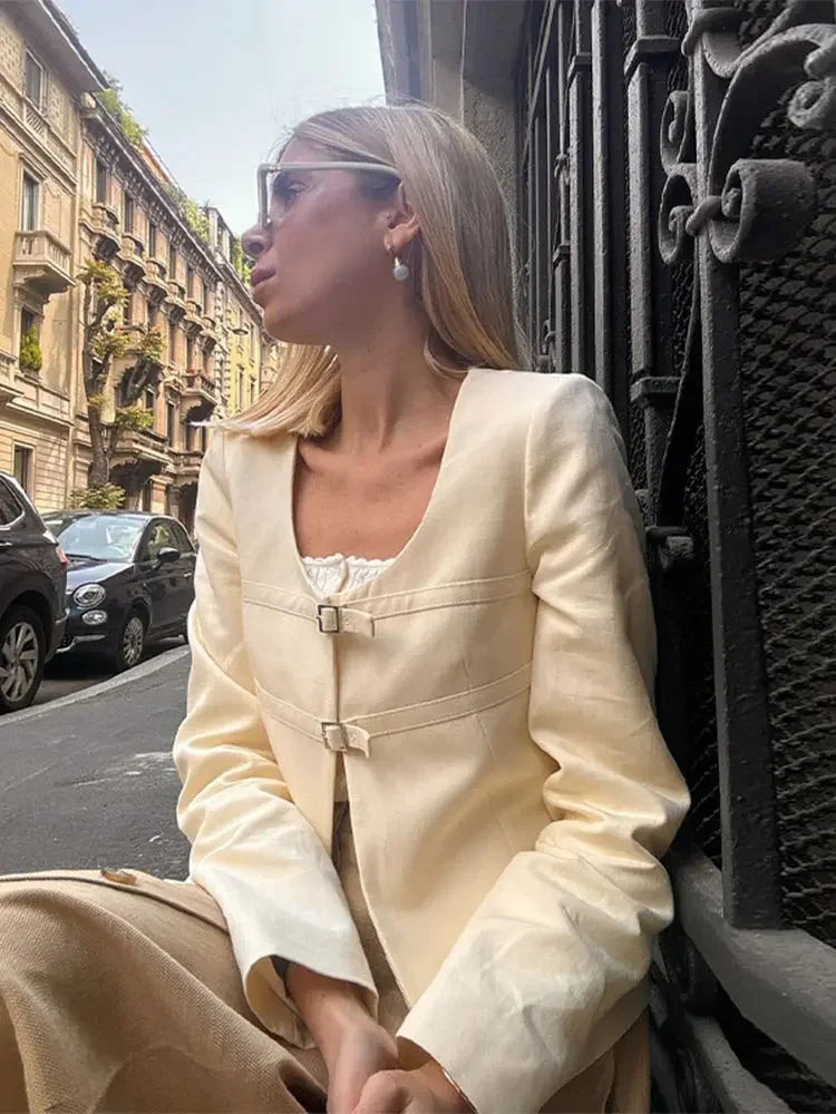 Single-breasted Short U-neck Long Sleeve Slim Coat