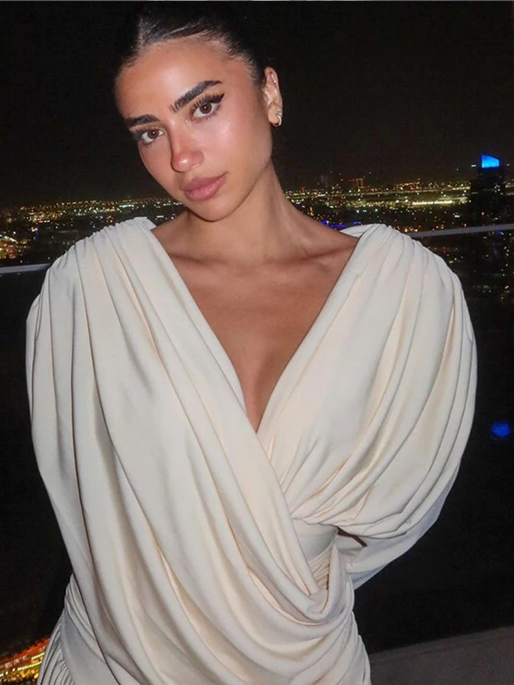 V-neck Draped Maxi Dress Long Sleeves Backless Slim Dresses New Summer Female High