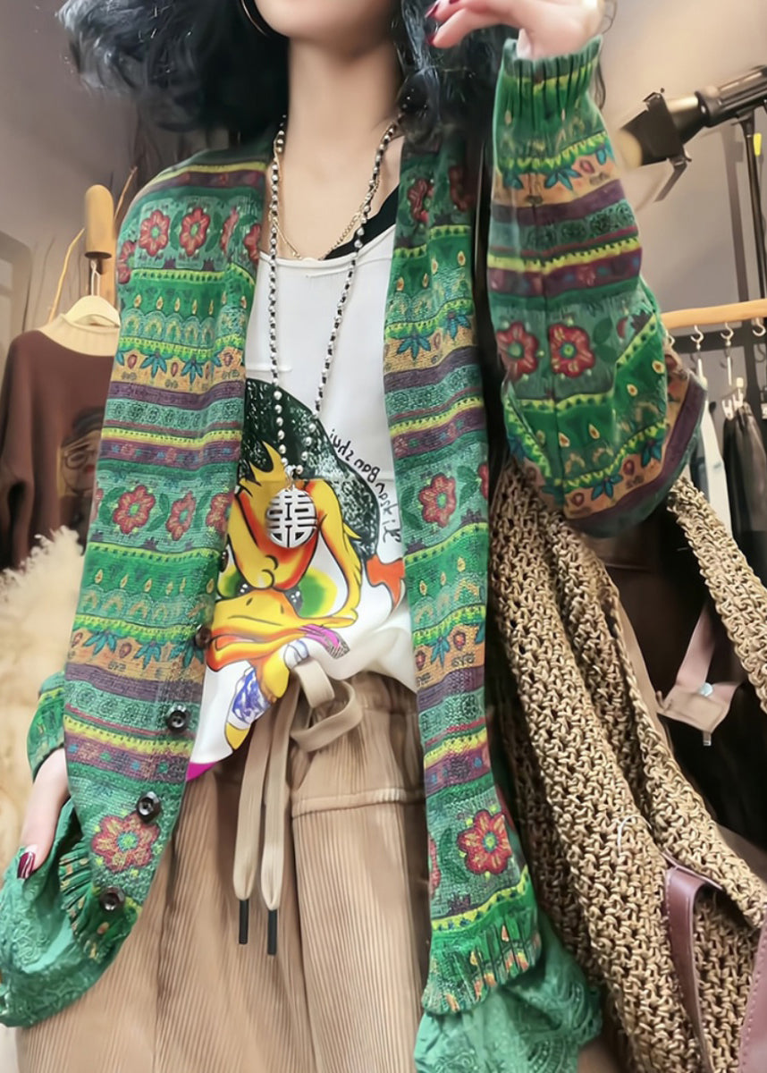Green V Neck Cozy Knit Cardigan Fall Wq039
