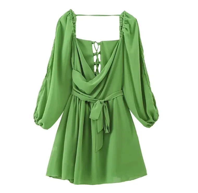 V Neck Hollow Out Lantern Sleeve Mini Dress - Color - Christmas Party Dress