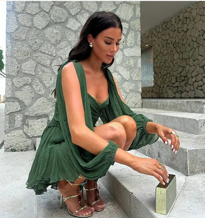 V Neck Hollow Out Lantern Sleeve Mini Dress - Color - Christmas Party Dress