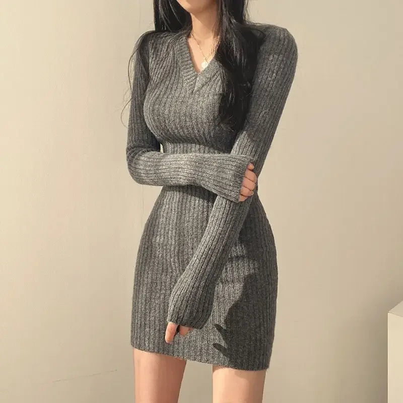 Knit V-neck Long Sweater Autumn Winter Midi Dresses