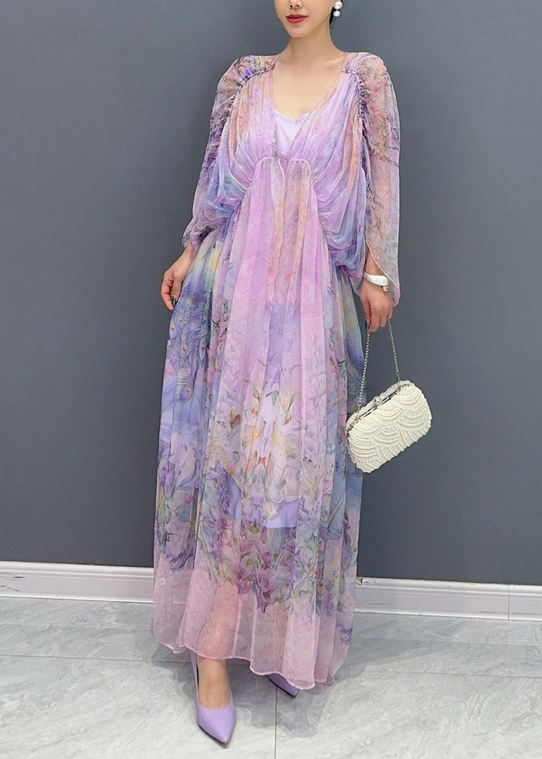 Lavender U Neck Print Patchwork Long Dresses Summer Ao1064